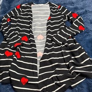 LuLaRoe Black and White Striped Blazer with Red Heart Accents